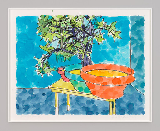 A leafy potted plant sits behind two colorful bowls on a small yellow table.