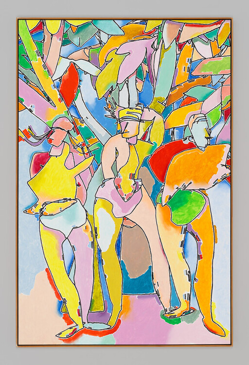 Three colorful stylized figures standing under leafy branches, each holding bright geometric shapes.