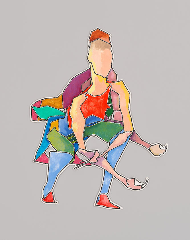 Abstract figure in vibrant colors, crouching with angular limbs. The background is a plain gray, highlighting the colorful shapes.