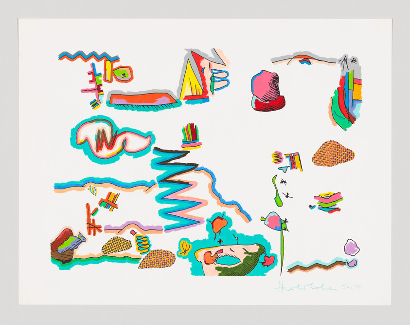 Colorful abstract artwork with various shapes and lines on a white background, signed by the artist.