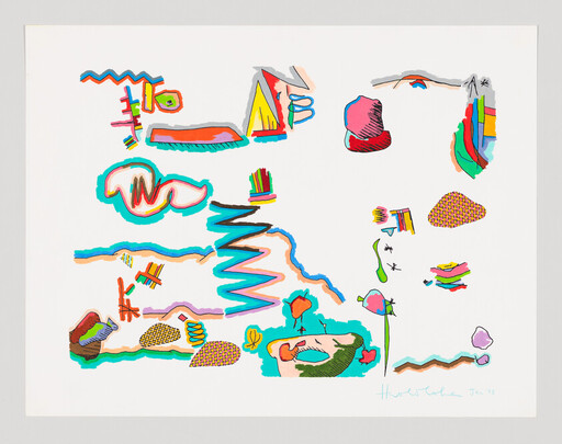 Abstract colorful doodbles and shapes scattered across a white background in playful arrangement.