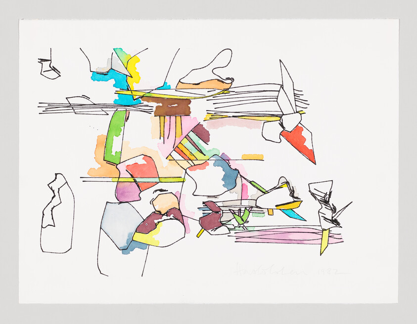 Abstract watercolor and ink composition with colorful shapes and thin black line drawings on white paper.