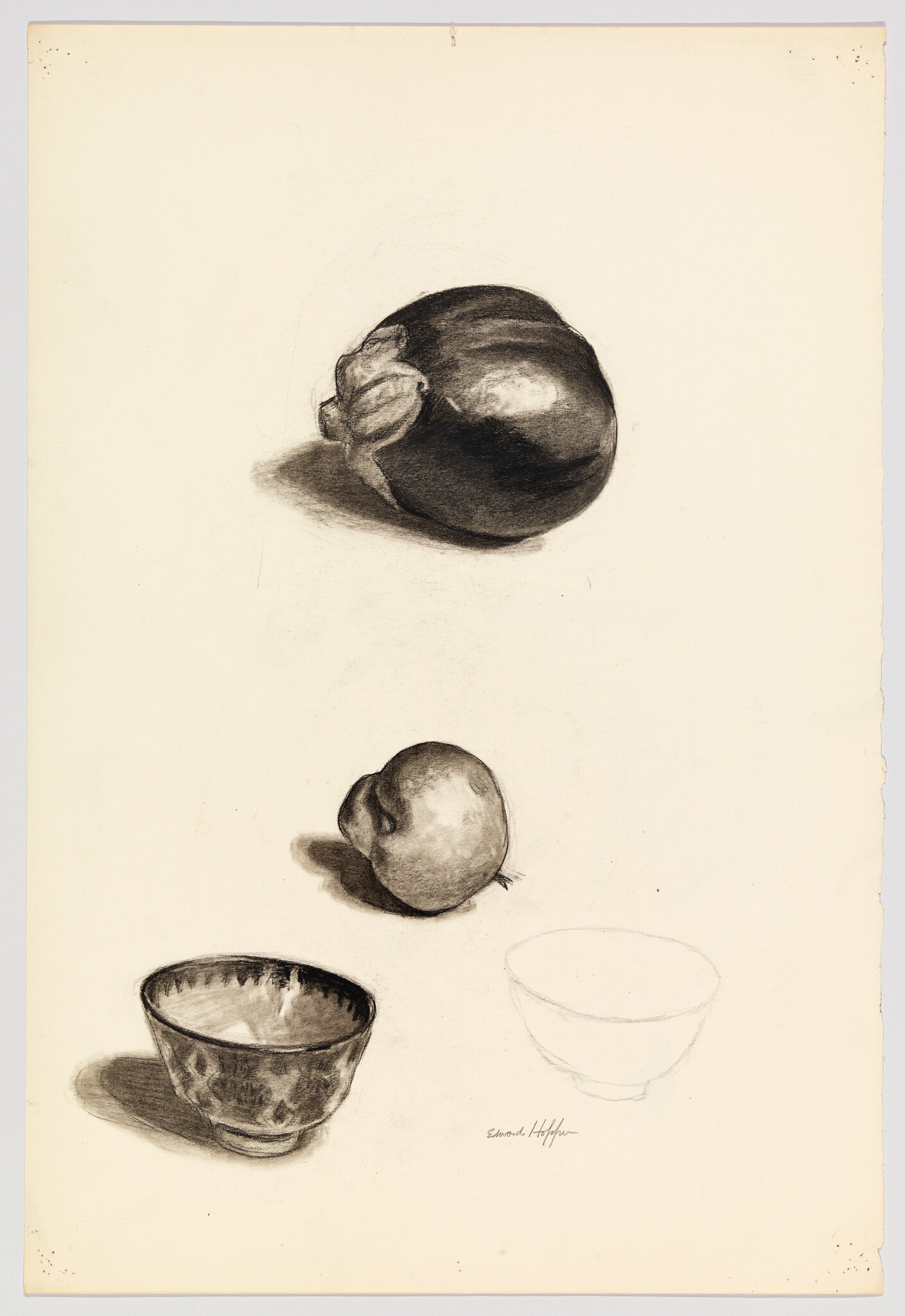 Three charcoal studies showing a large fruit, a smaller fruit, and two bowls on paper.