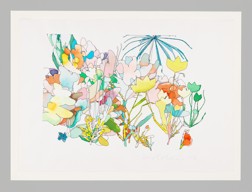 A loose, colorful watercolor and ink composition of abstract flowers and stems on a white background.