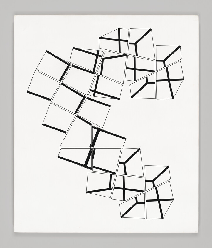 Several outlined black cubes arranged in a twisting S-shaped chain on a white background.