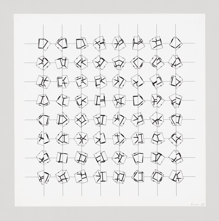 Grid of repeated small rotating cube-like wireframe shapes arranged in rows and columns.