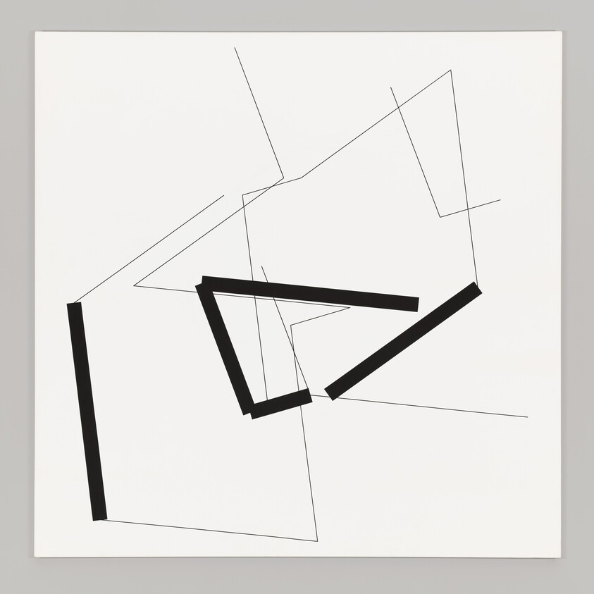 Black thick and thin angular lines form an abstract geometric shape on a white square background.