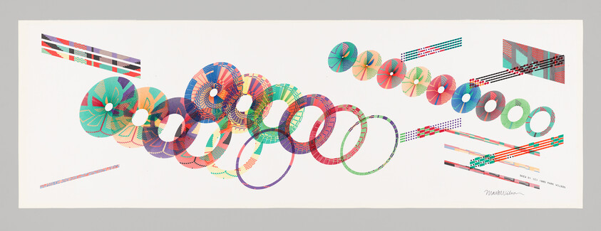 Colorful overlapping circular rings and patterned discs form a flowing abstract sequence across a white panel.