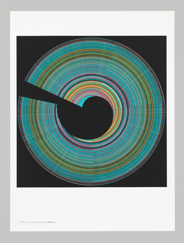 Graphic print with colorful concentric circles on a black background, interrupted by a sweeping black arc.