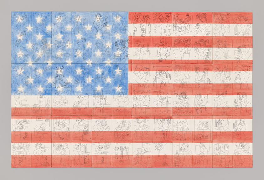 American flag with childlike drawings in place of the stripes and a watercolor effect on the stars.