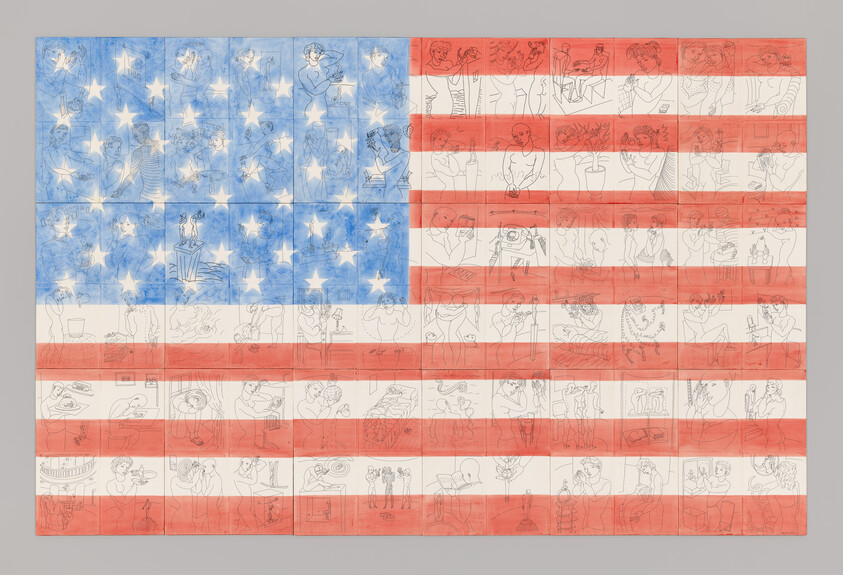 Large American flag composed of many small sketch panels depicting diverse people and everyday scenes.