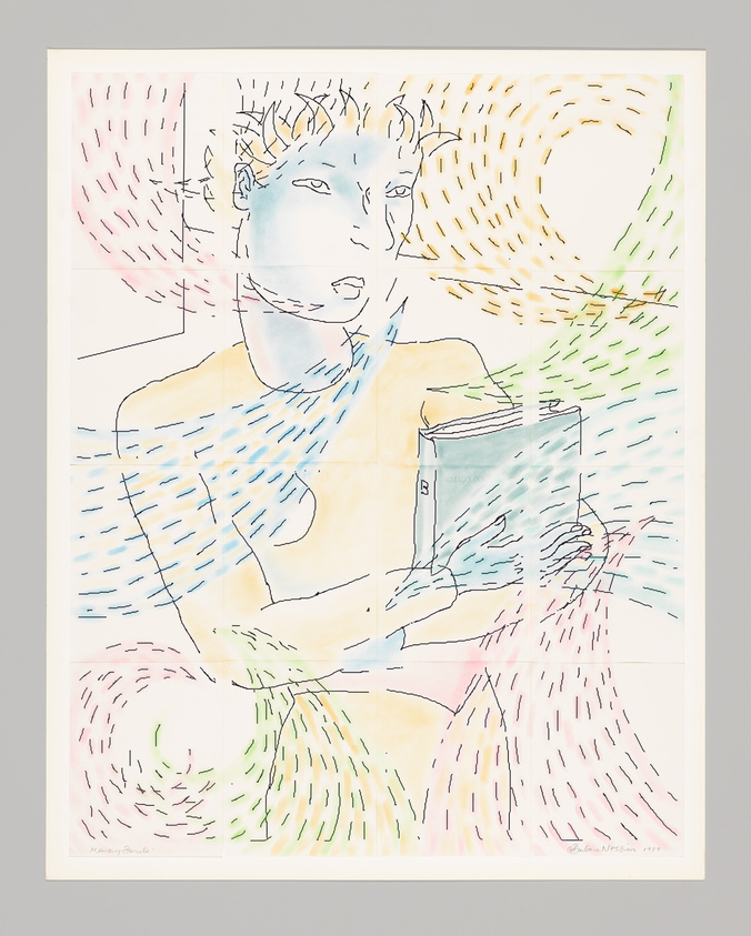 Sketch of a person with horns reading a book, surrounded by colorful, abstract lines.