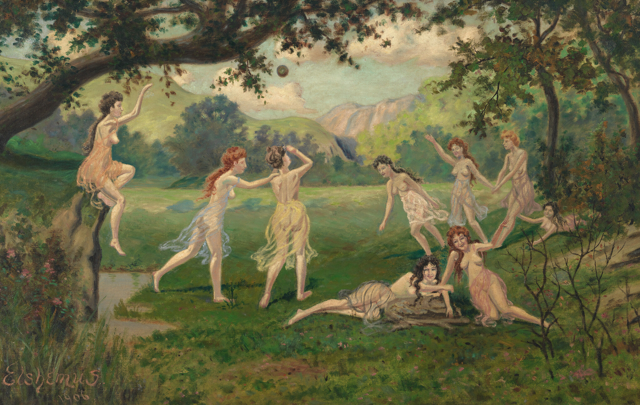 A group of women in light dresses dance and relax together in a sunlit meadow.