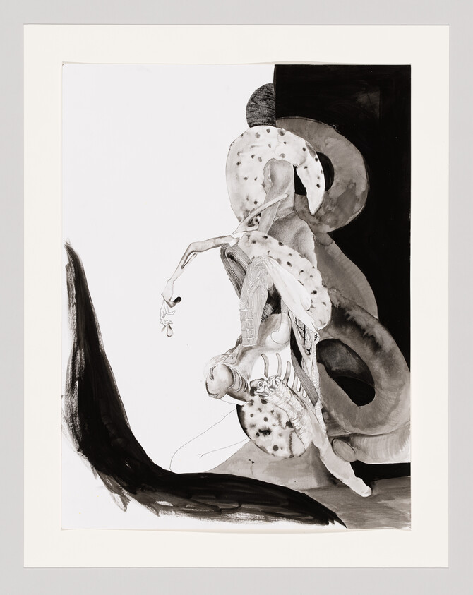 A seated abstract humanoid figure entwined with organic shapes holds a small dangling object.
