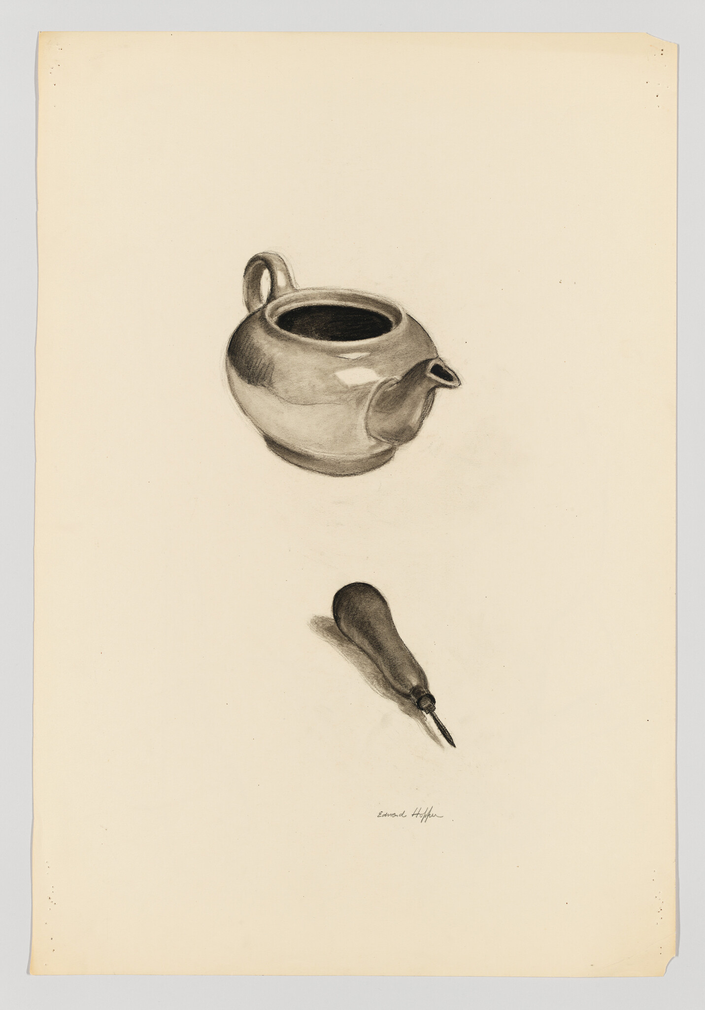 A charcoal drawing of a small teapot positioned above a handheld awl with a pointed metal tip.