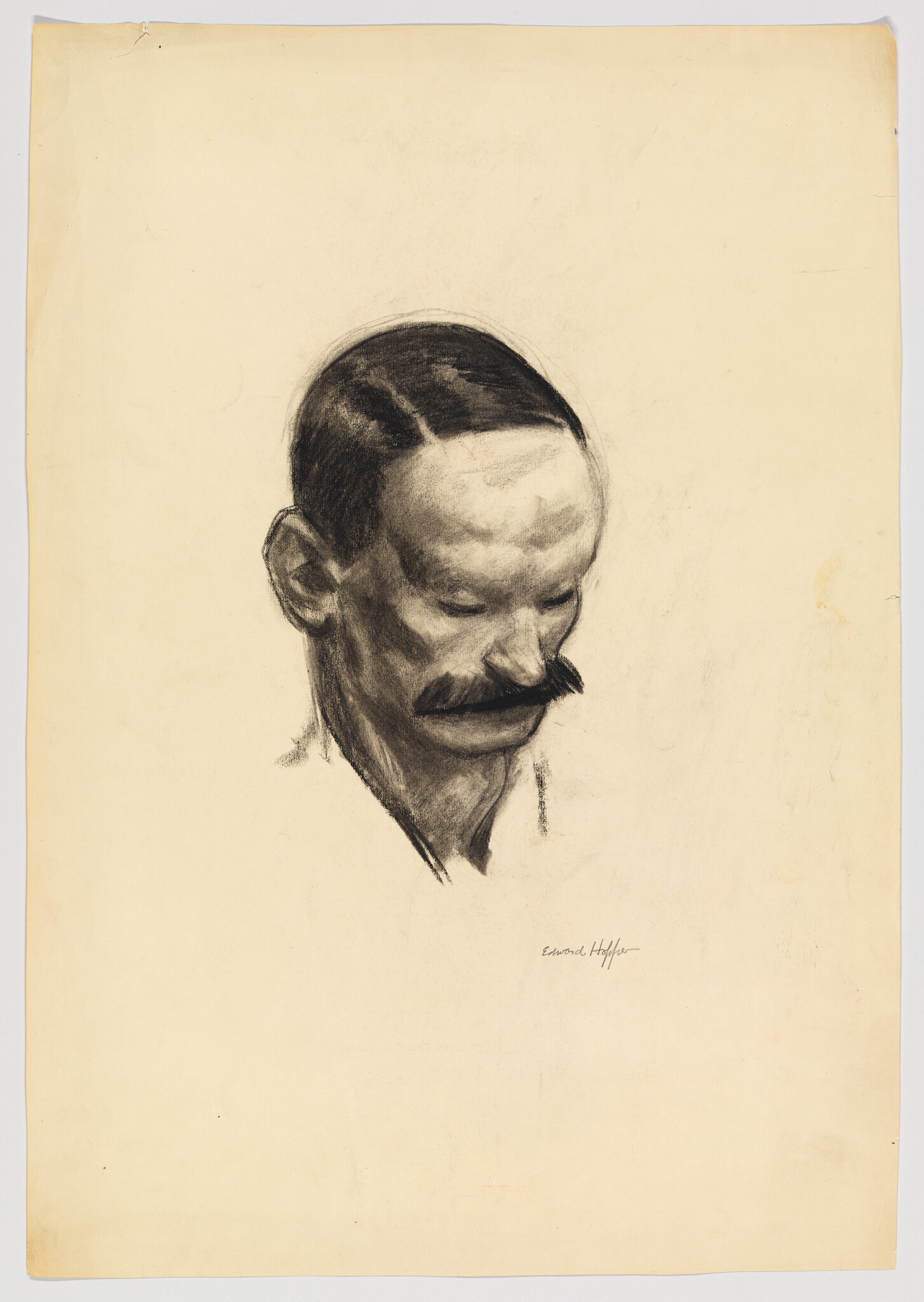 A charcoal portrait shows a mustached man with slicked hair looking downward.