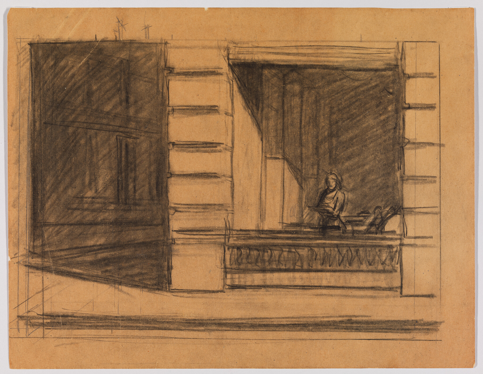 A sepia-toned sketch on paper depicting an architectural detail of a building with a prominent window. A figure is seated at the window ledge, possibly reading, with another figure reclined beside them. The drawing features heavy shading and perspective lines, suggesting an unfinished study or a conceptual design.
