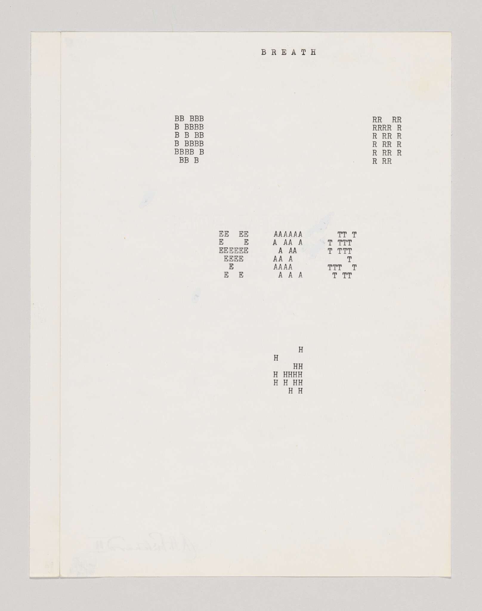 Sheet with the word "BREATH" at top and clustered typed letters forming letter patterns.