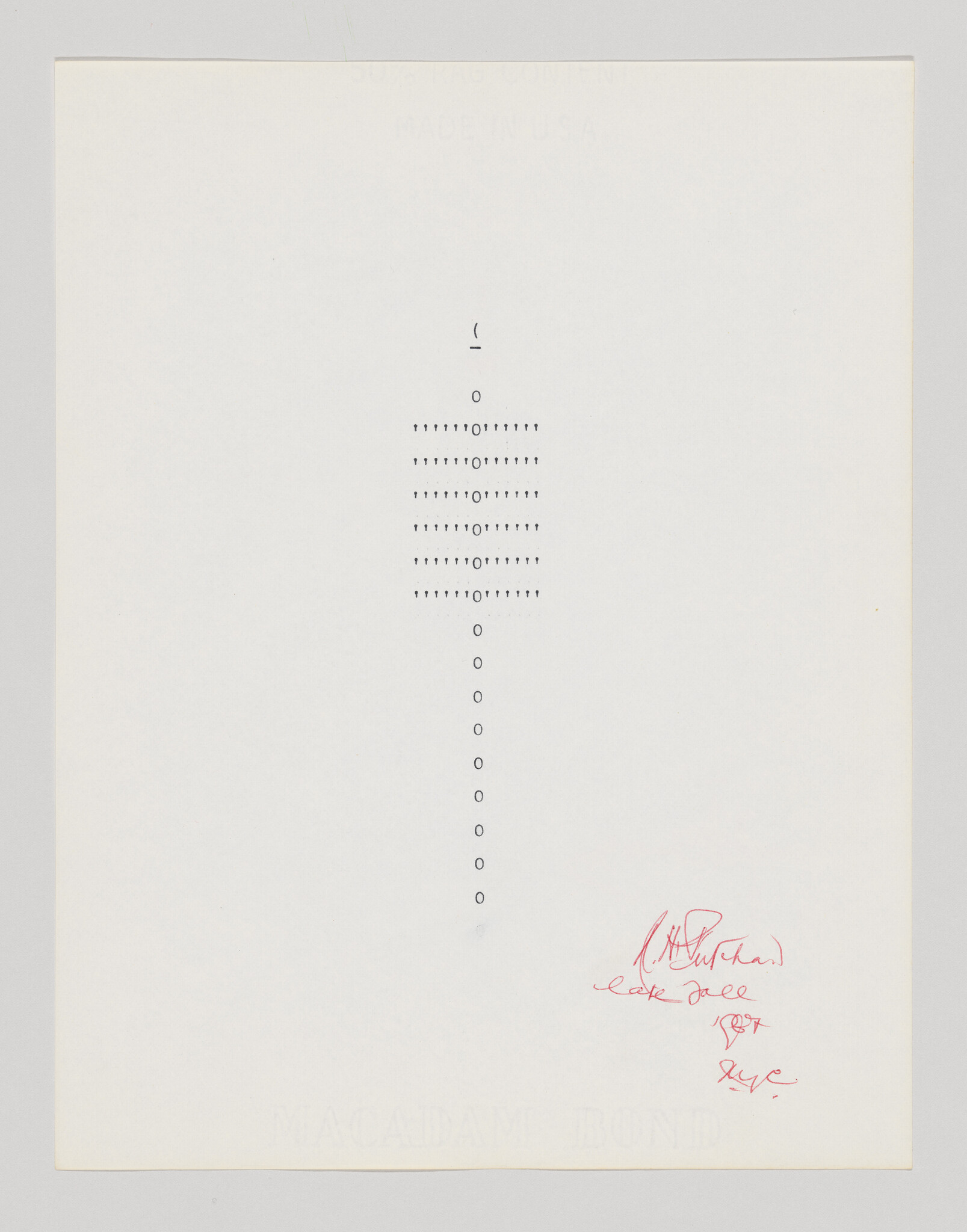 Centered column of small printed dots and circles forming a vertical pattern with red handwritten signature.