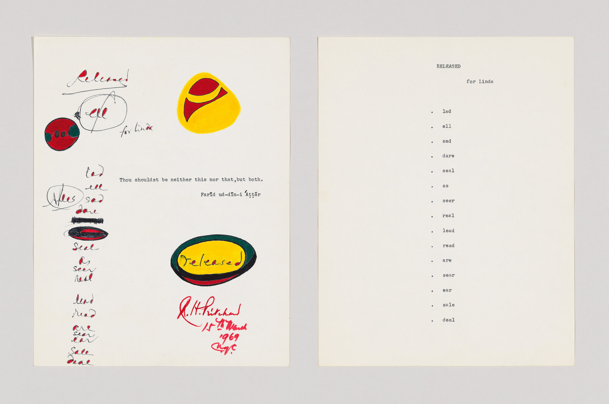 Two pages showing colorful doodles and handwritten notes alongside a typed word list titled "RELEASED".