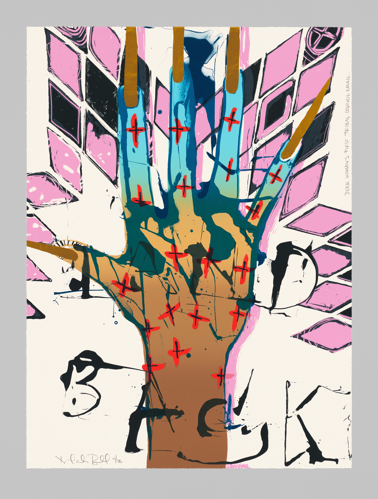 Colorful abstract hand with red crosses, surrounded by geometric shapes in pink and black. Text elements are partially visible.