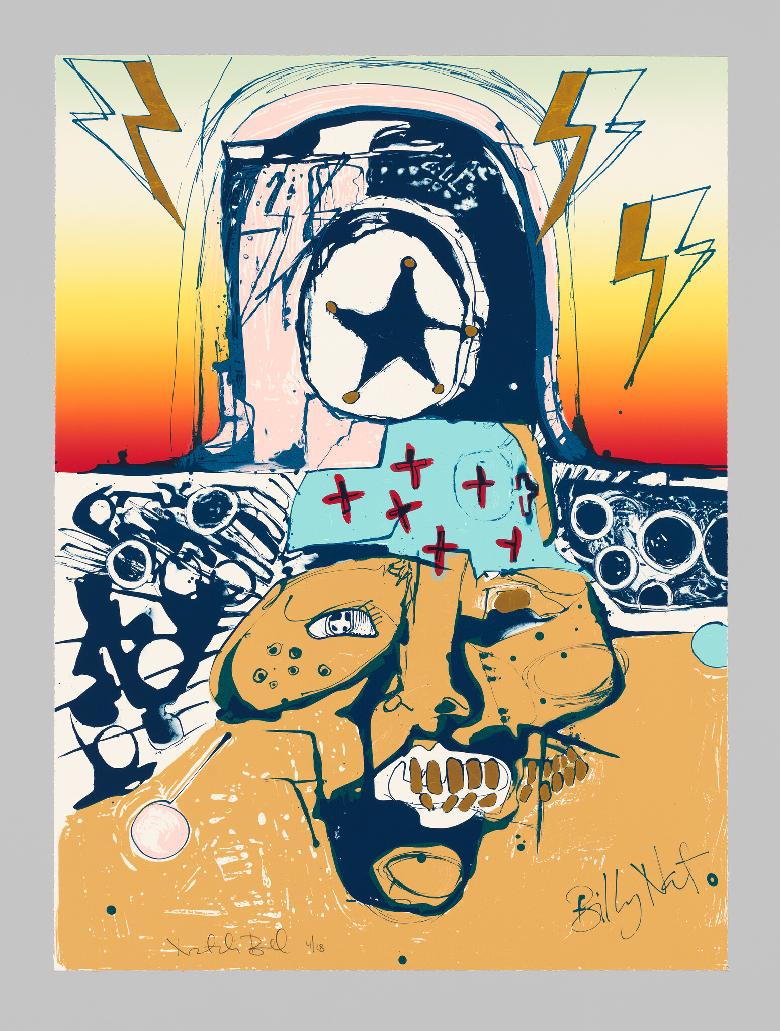 Abstract helmeted face with star emblem, lightning bolts, and red crosses against colorful background.