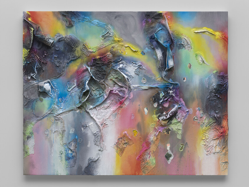 Abstract textured painting with vibrant rainbow colors and raised, torn paint surfaces.