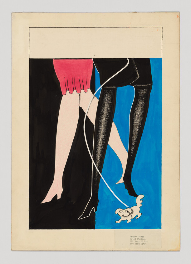 Two women's legs, one in a pink skirt and one in black stockings, walking a small dog on a leash.