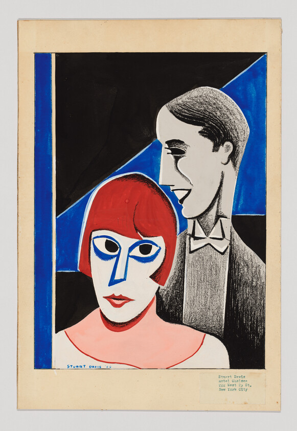 Stylized portrait of a red-haired woman in front of a man in a tuxedo against geometric background.