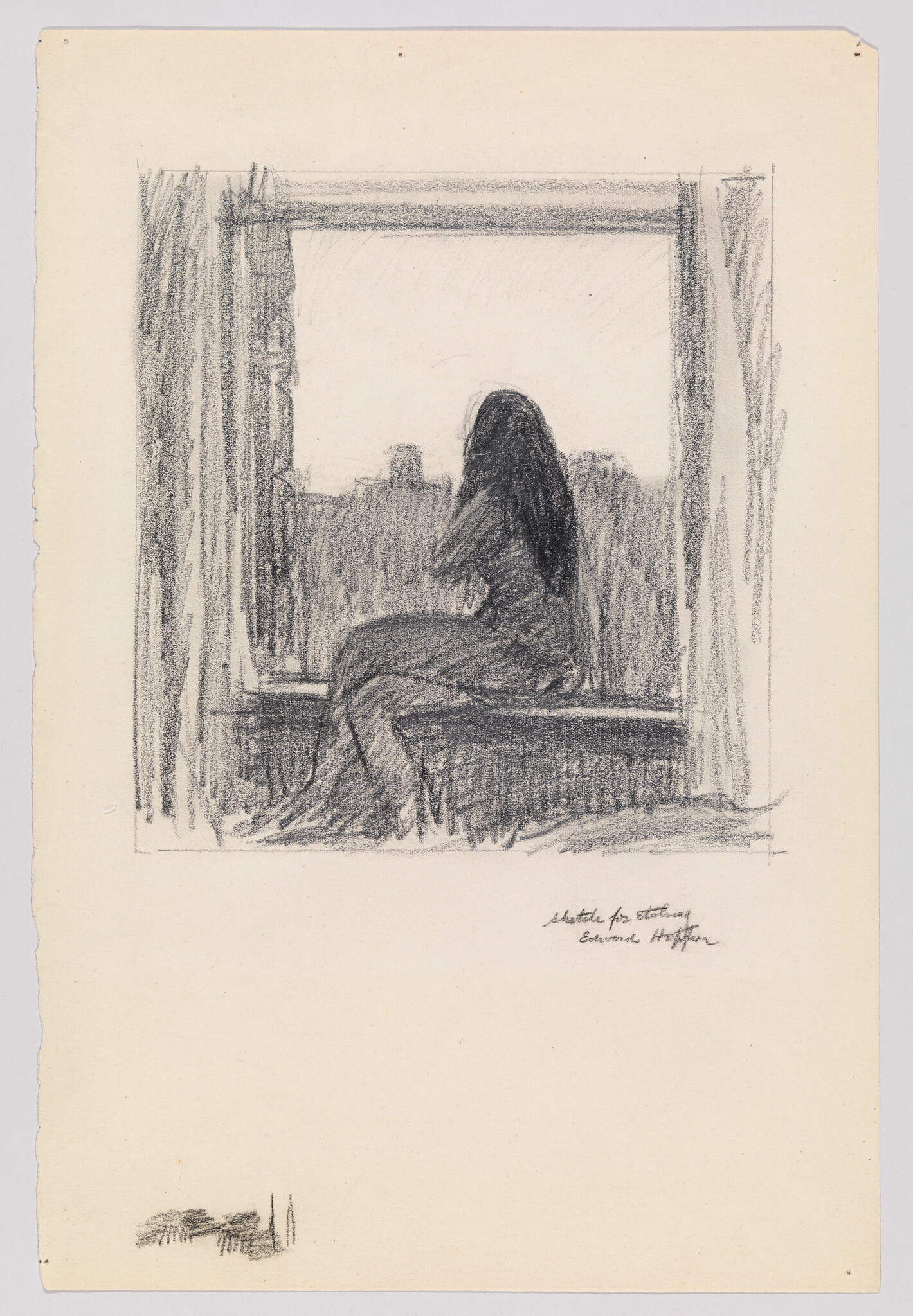 A woman sits on a windowsill looking out over a distant city skyline.