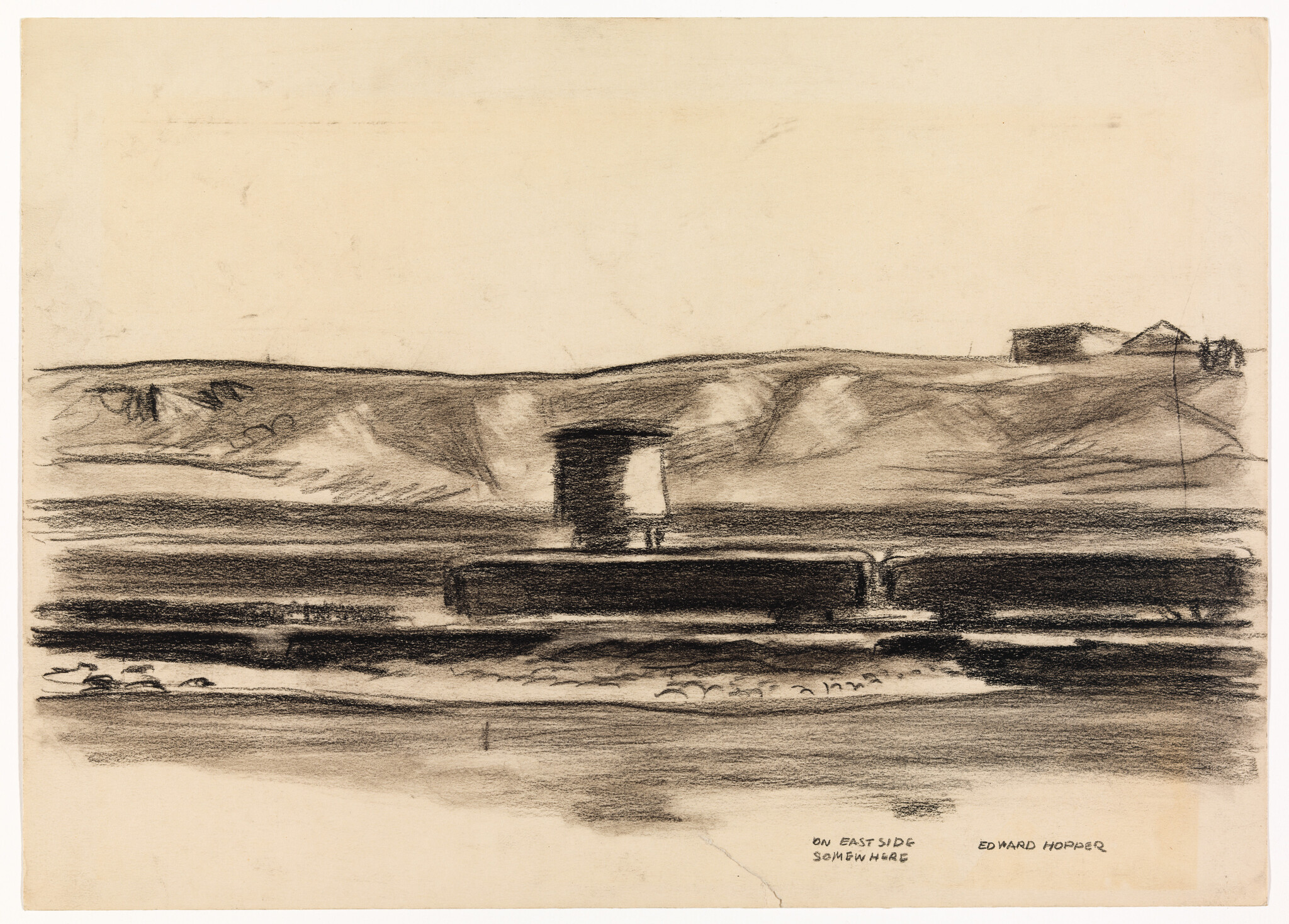 A charcoal landscape showing train cars and a small figure by tracks with hills beyond.