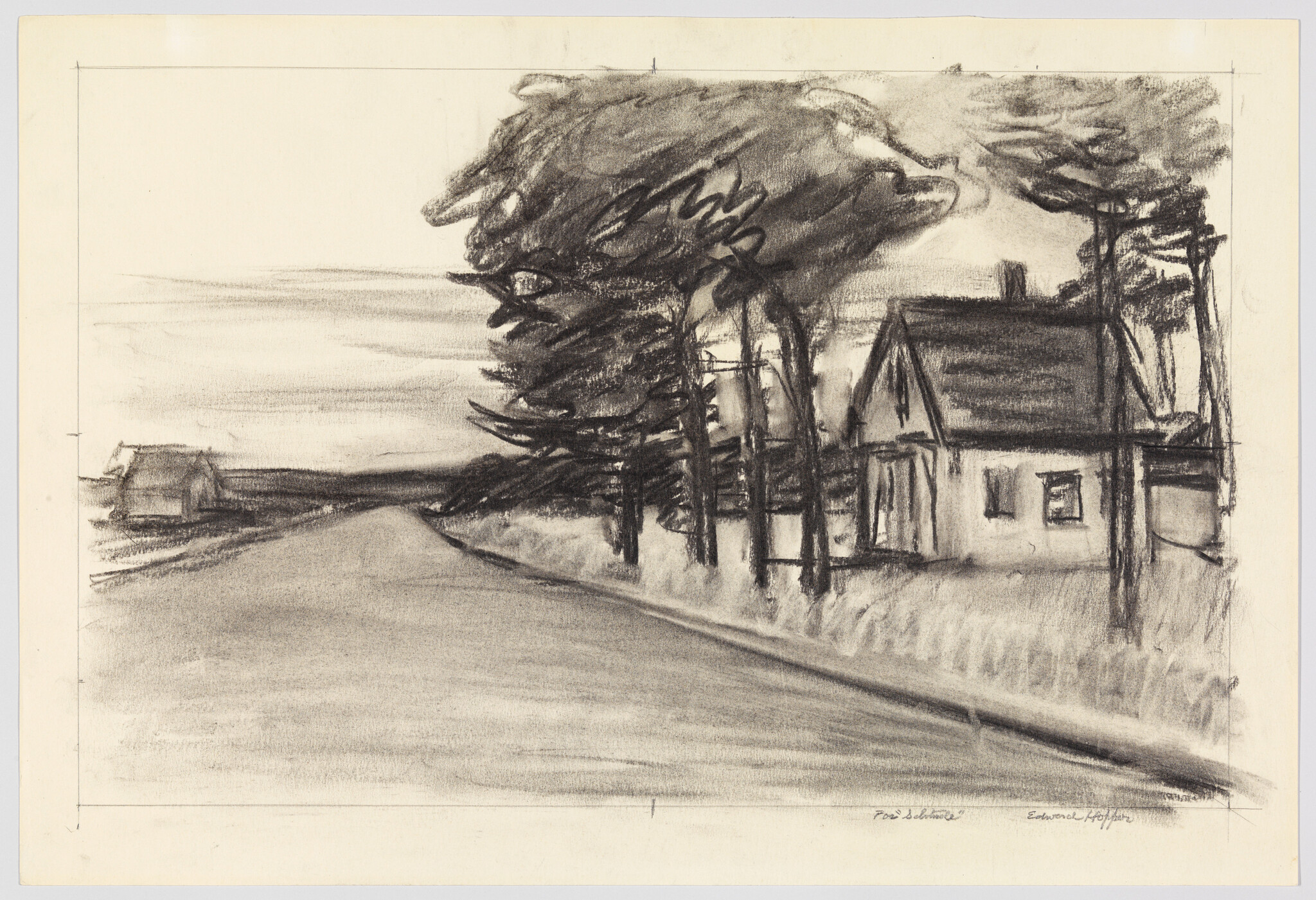 A quiet country road curves past tall trees and a small house on the right.