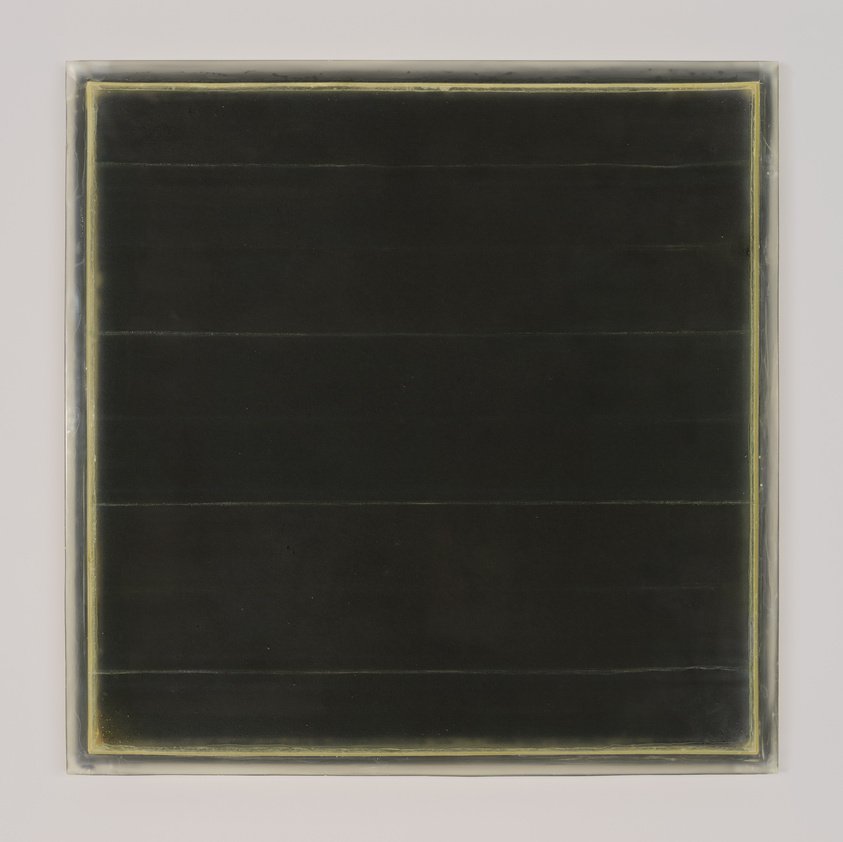 A dark, square painting with subtle horizontal lines and a faint yellow border, set against a light gray background.