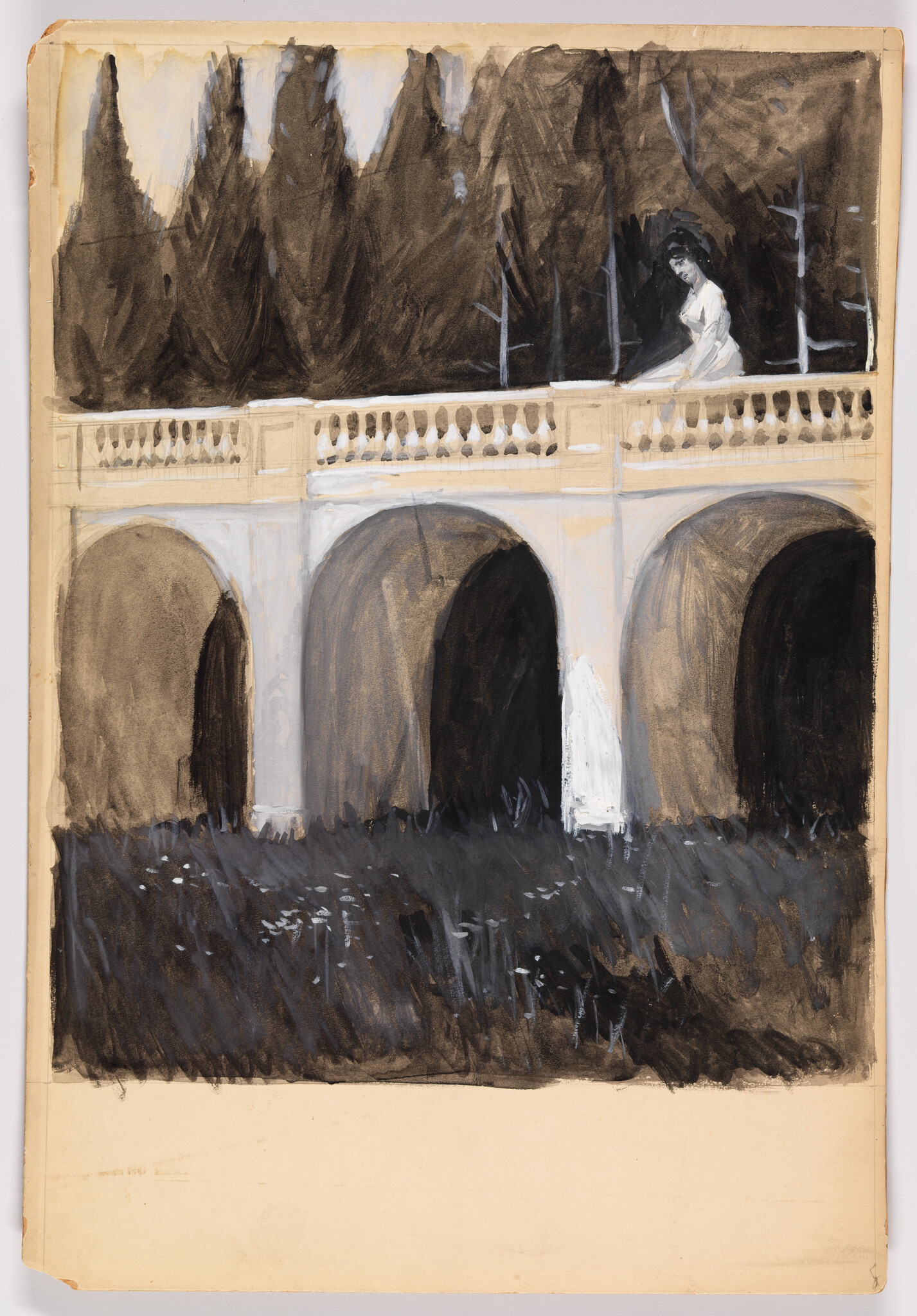 A woman in a white dress leans on a high stone balustrade above dark grassy arches.