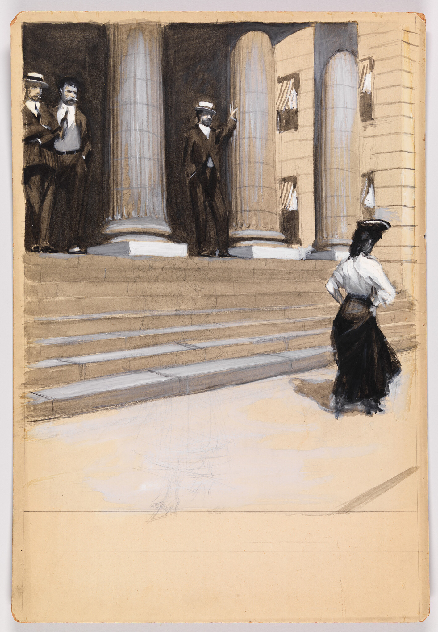 A woman stands at the base of grand steps while three men in hats observe from the columns.