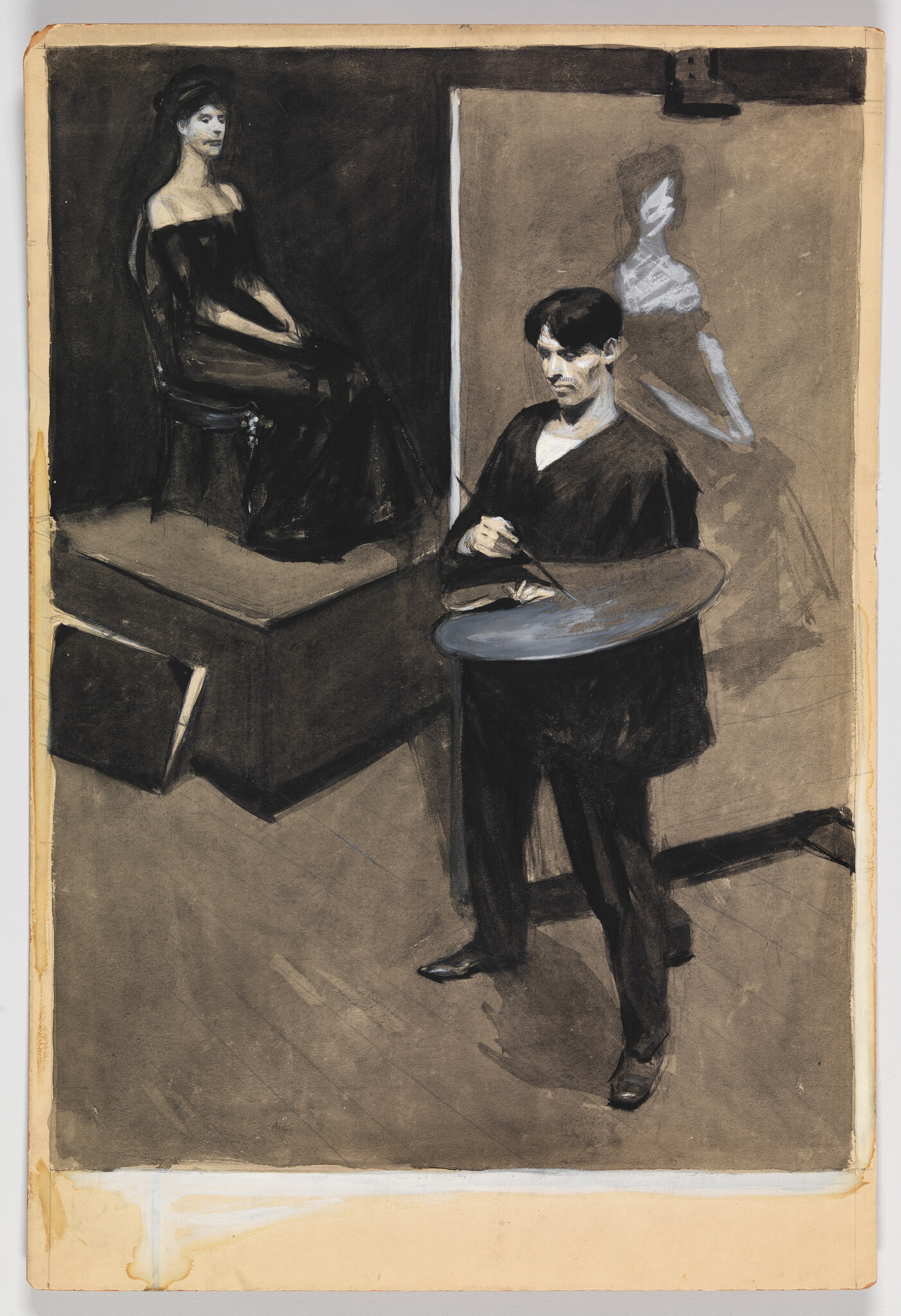 Male artist stands at an easel painting a seated woman model in a dark studio.