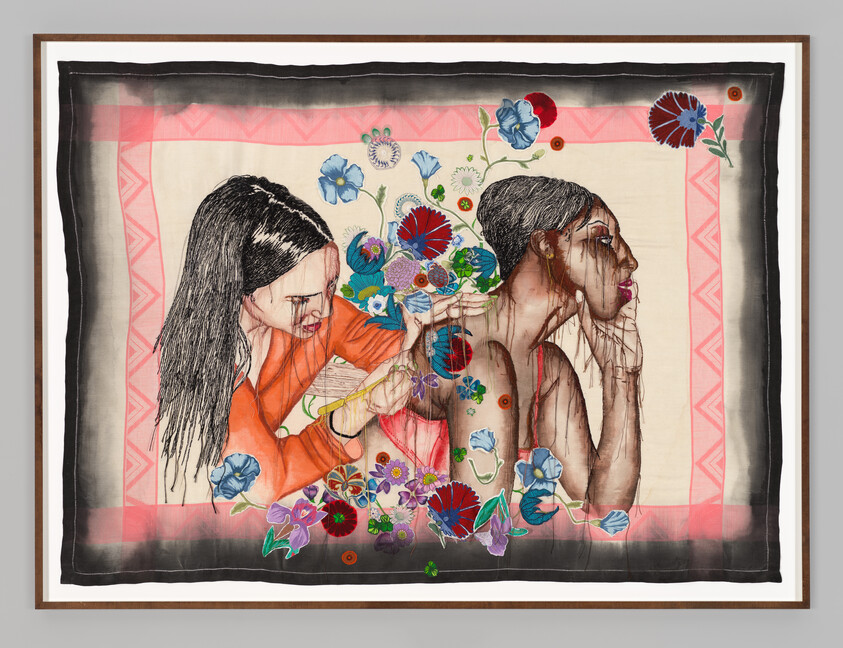 Two women sit back-to-back as one gently tends to the other's shoulder while flowers grow.