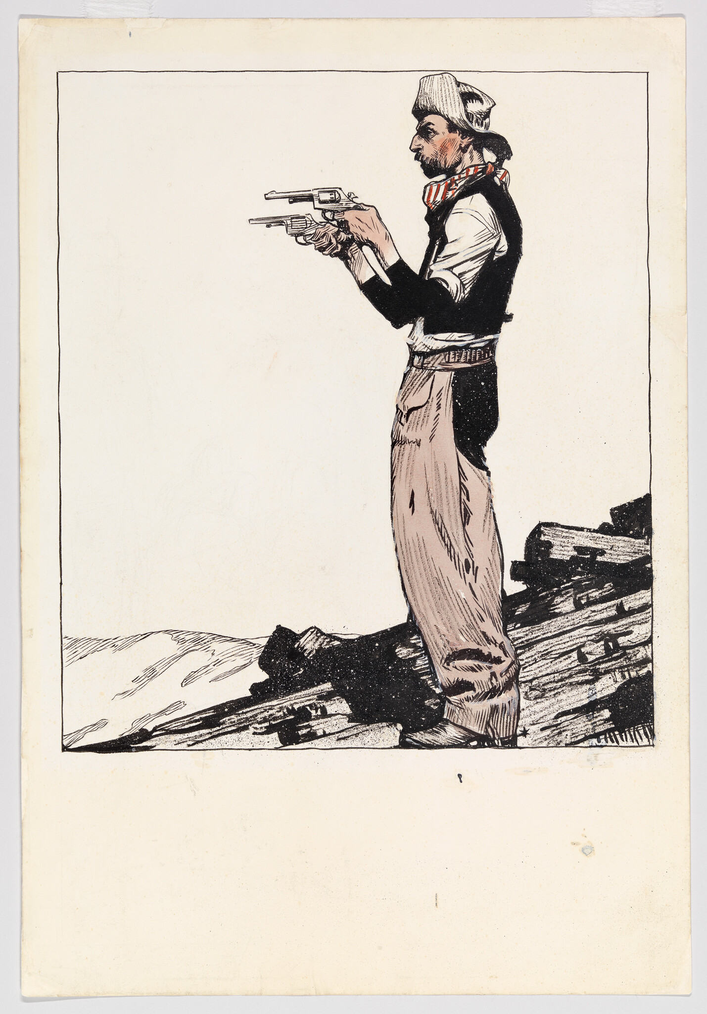 A cowboy wearing a hat and bandana stands on rocks aiming two pistols straight ahead.