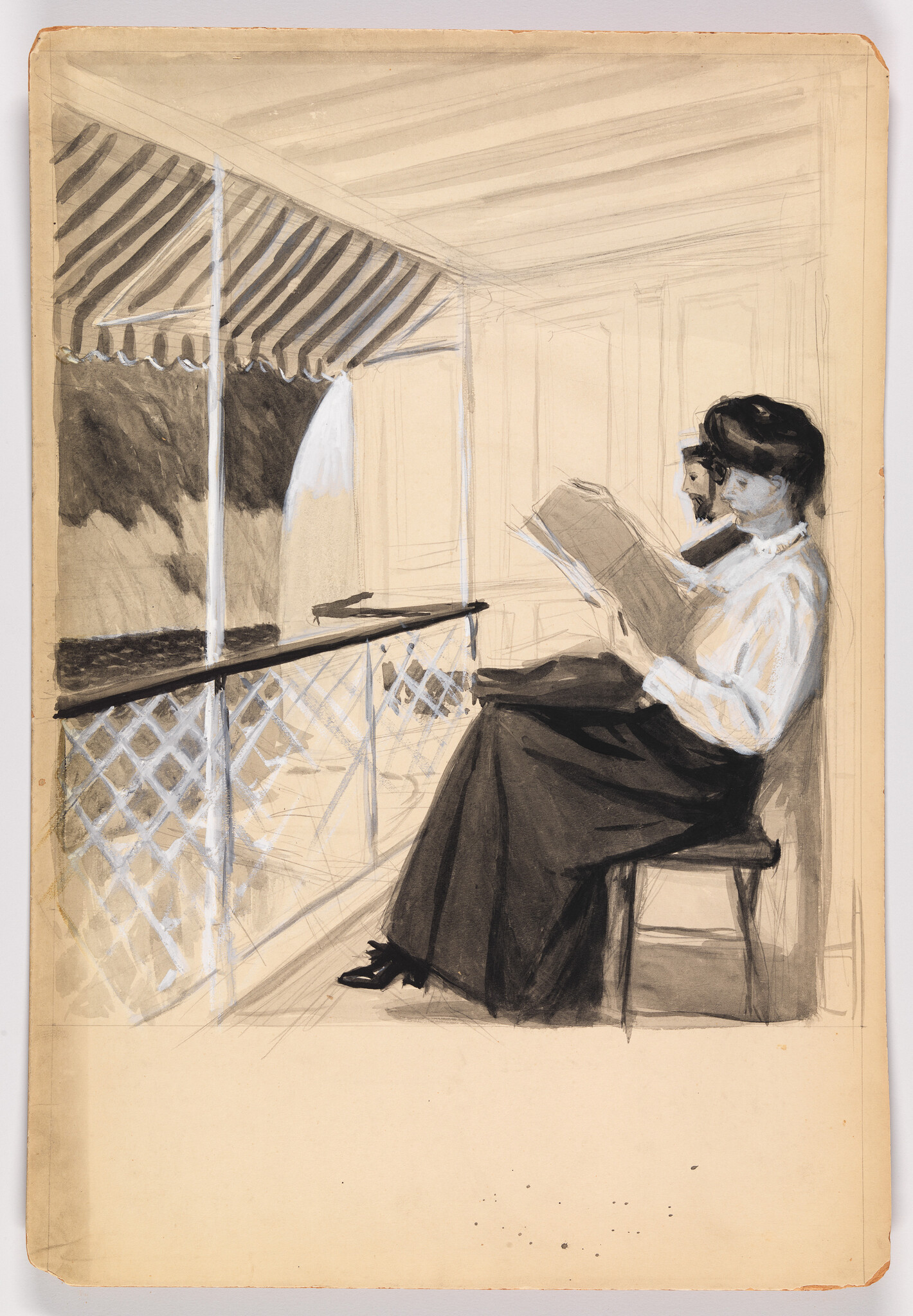 A woman sits on a porch under a striped awning, reading a newspaper while a man sits behind her.