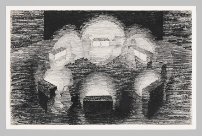 Seven glowing spherical lights sit in a circle, each containing a small rectangular block.