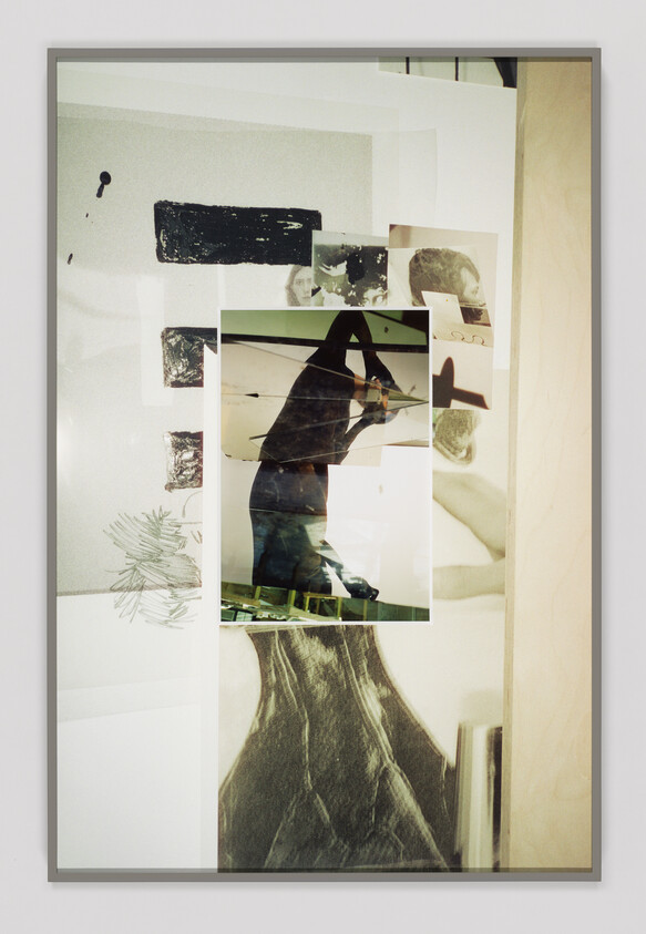 Framed collage showing layered photographs with a dark silhouette of a person leaning forward.