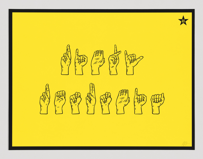 Yellow background with black illustrations of hands forming letters in sign language, arranged in two rows. A small star with "GS" is in the top right.