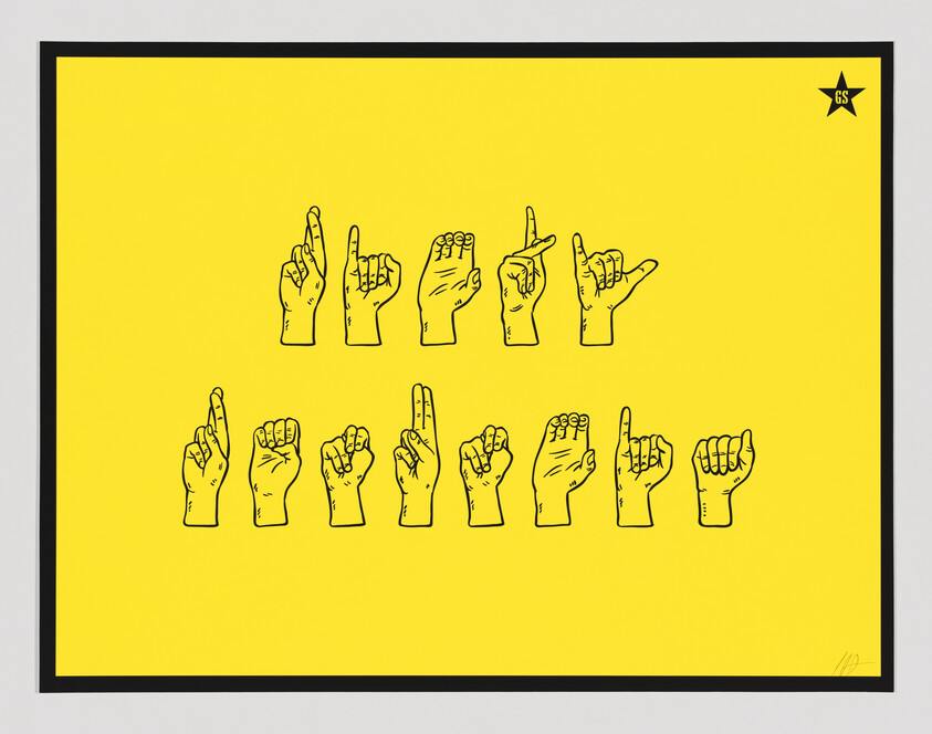 Illustrated hands showing American Sign Language letters arranged in two rows on a yellow poster.