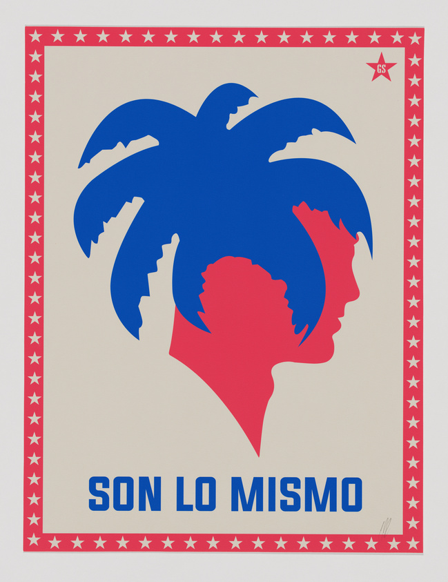 Silhouette of a palm tree and a face in blue and red, with the text "SON LO MISMO" below. Red border with white stars.