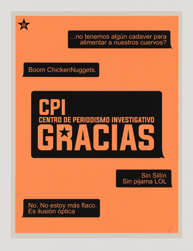 Orange poster with black text bubbles featuring humorous phrases. Large text reads "CPI Centro de Periodismo Investigativo GRACIAS."