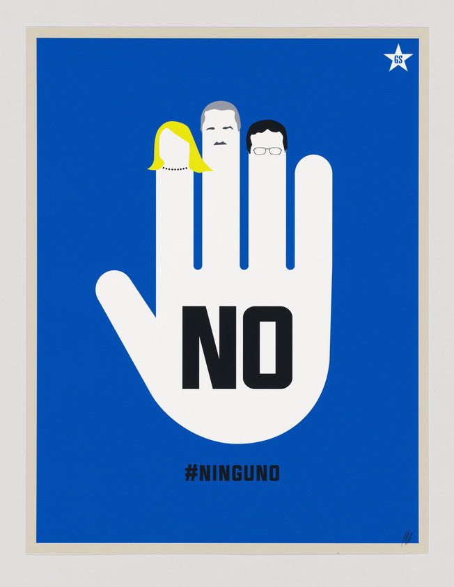 A white hand on a blue background with "NO" on the palm. Three fingers have faces. Hashtag #NINGUNO is below.