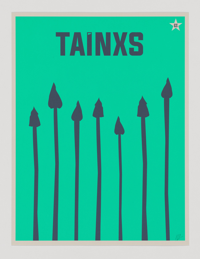 Green background with the word "TAINXS" at the top. Below, seven black spear-like shapes stand vertically. A small star with "GS" is in the corner.