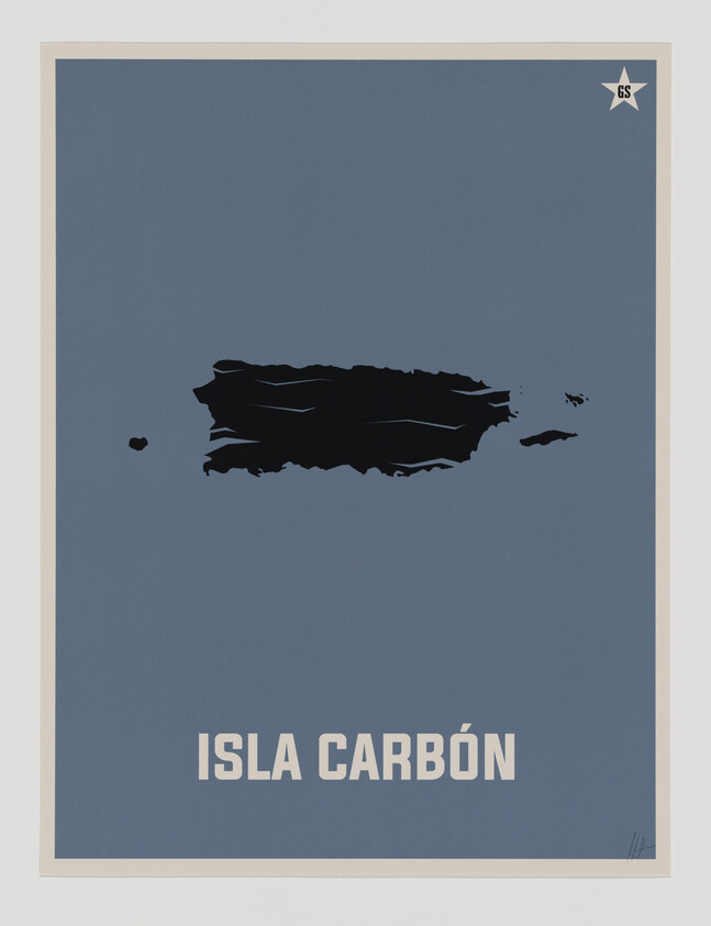 Silhouette of an island labeled "Isla Carbón" on a blue background.