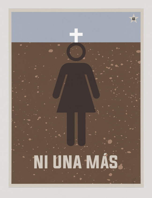 Silhouette of a woman with a cross above her head, set against a brown background. Text below reads "NI UNA MÁS."