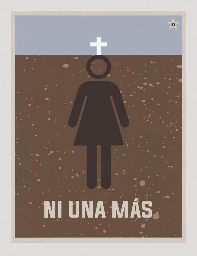 Silhouette of a woman with a cross above her head and the words "Ni una más".